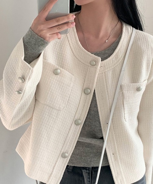 FREE STYLISTS(フリー スタイリスト)の「YUGA_YGMCTweed-style button jacket(ノーカラージャケット・レディース・ベビーピンク/オフホワイト/ブルー・FREE)」の13枚目の写真