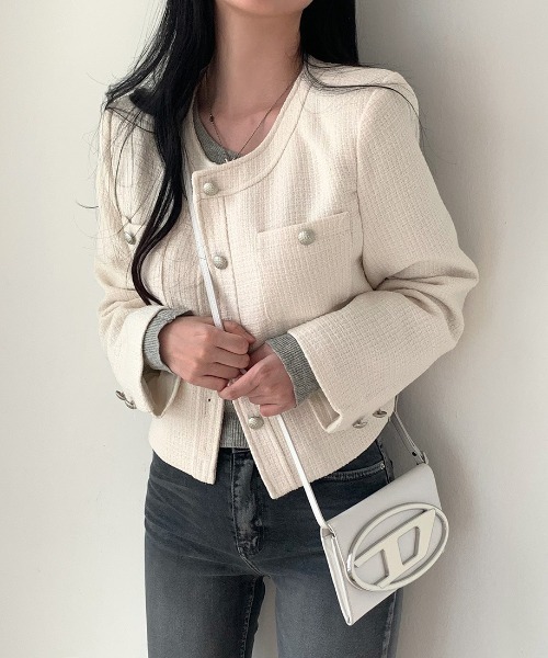 FREE STYLISTS(フリー スタイリスト)の「YUGA_YGMCTweed-style button jacket(ノーカラージャケット・レディース・ベビーピンク/オフホワイト/ブルー・FREE)」の14枚目の写真