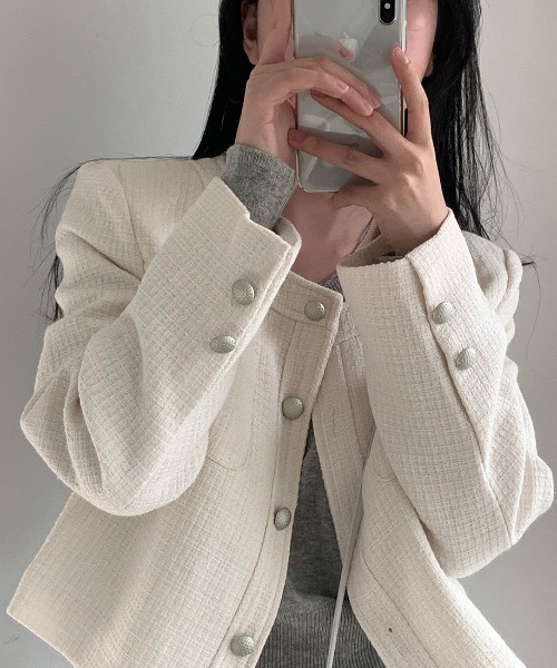 FREE STYLISTS(フリー スタイリスト)の「YUGA_YGMCTweed-style button jacket(ノーカラージャケット・レディース・ベビーピンク/オフホワイト/ブルー・FREE)」の5枚目の写真
