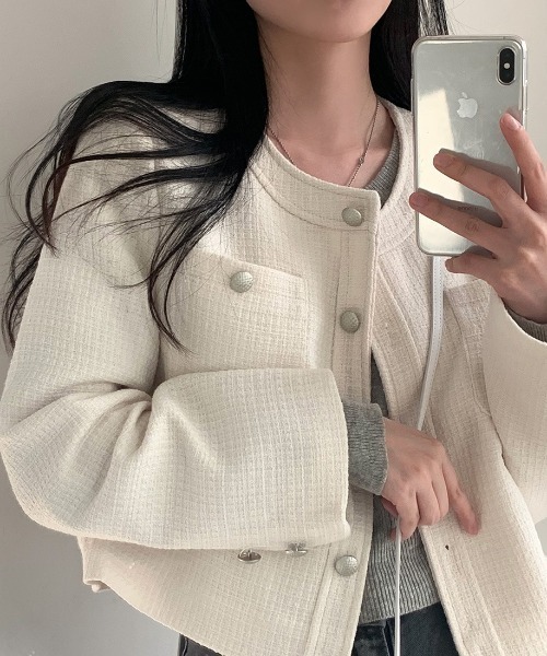 FREE STYLISTS(フリー スタイリスト)の「YUGA_YGMCTweed-style button jacket(ノーカラージャケット・レディース・ベビーピンク/オフホワイト/ブルー・FREE)」の7枚目の写真
