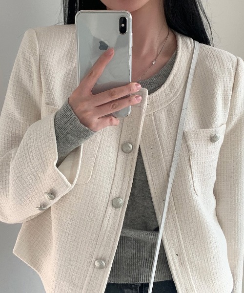 FREE STYLISTS(フリー スタイリスト)の「YUGA_YGMCTweed-style button jacket(ノーカラージャケット・レディース・ベビーピンク/オフホワイト/ブルー・FREE)」の8枚目の写真