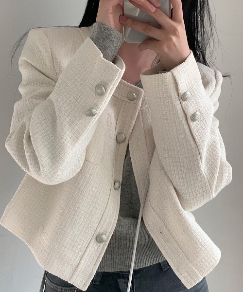 FREE STYLISTS(フリー スタイリスト)の「YUGA_YGMCTweed-style button jacket(ノーカラージャケット・レディース・ベビーピンク/オフホワイト/ブルー・FREE)」の9枚目の写真