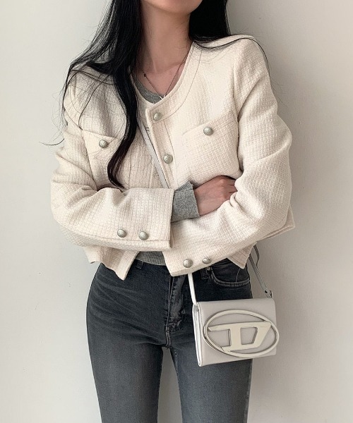 FREE STYLISTS(フリー スタイリスト)の「YUGA_YGMCTweed-style button jacket(ノーカラージャケット・レディース・ベビーピンク/オフホワイト/ブルー・FREE)」の15枚目の写真