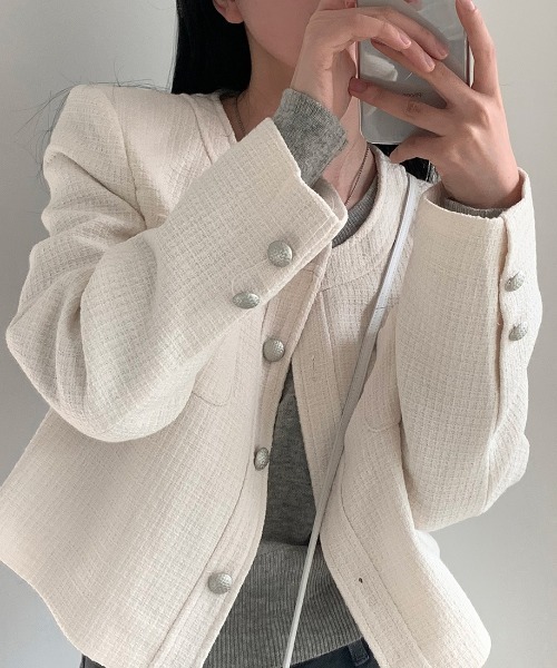 FREE STYLISTS(フリー スタイリスト)の「YUGA_YGMCTweed-style button jacket(ノーカラージャケット・レディース・ベビーピンク/オフホワイト/ブルー・FREE)」の6枚目の写真