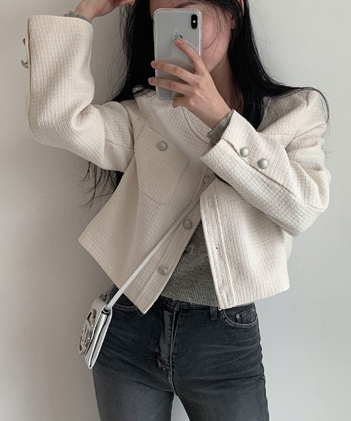 FREE STYLISTS(フリー スタイリスト)の「YUGA_YGMCTweed-style button jacket(ノーカラージャケット・レディース・ベビーピンク/オフホワイト/ブルー・FREE)」の16枚目の写真