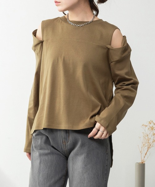 MARAI(マーライ)の「オープンショルダーロンT(Tシャツ/カットソー・レディース・チャコールグレー/グレー/杢グレー/ブラック/カーキ/ホワイト・4L~5L/LL~3L/M~L)」の6枚目の写真