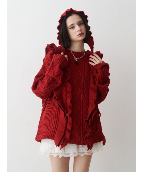 jouetie（ジュエティ）の「フリルケーブルニットチュニック（ニット/セーター・レディース・アイボリー/ブラック/レッド・MEDIUM）」の5枚目の写真