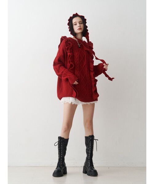 jouetie（ジュエティ）の「フリルケーブルニットチュニック（ニット/セーター・レディース・アイボリー/ブラック/レッド・MEDIUM）」の7枚目の写真