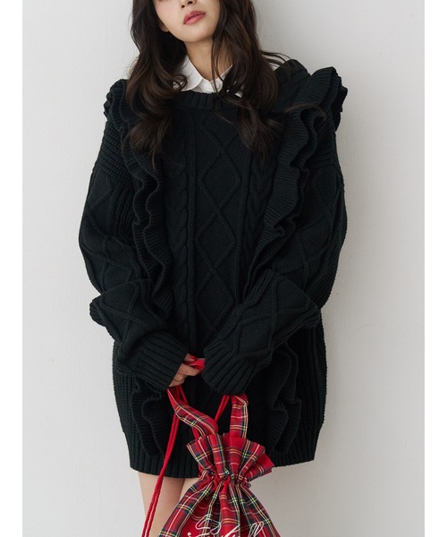 フリルケーブルニットチュニック（ニット/セーター）｜jouetie