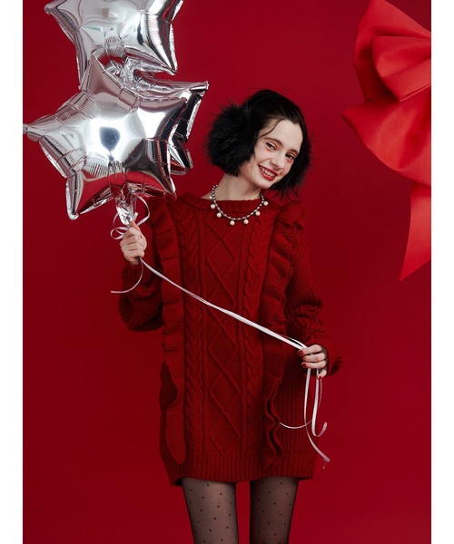 jouetie フリルケーブルニットチュニック レッド セール】フリルケーブルニットチュニック（ニット/セーター）｜jouetie