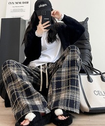 ウォームチェック 裏起毛ワイドパンツ