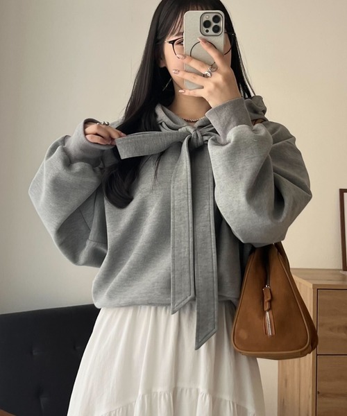 KOBE LETTUCE（コウベレタス）の「ダイバービッグリボンフーディトップス（スウェット・レディース・ブラック/ピンク/グレー・M）」の2枚目の写真