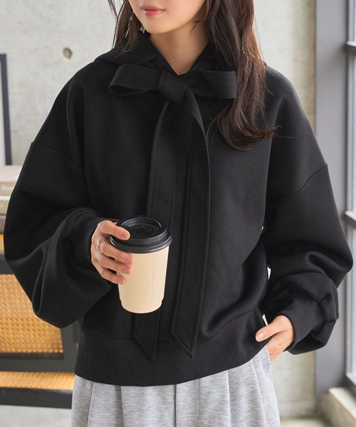 KOBE LETTUCE（コウベレタス）の「ダイバービッグリボンフーディトップス（スウェット・レディース・ブラック/ピンク/グレー・M）」の4枚目の写真