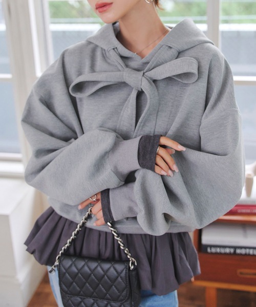 KOBE LETTUCE（コウベレタス）の「ダイバービッグリボンフーディトップス（スウェット・レディース・ブラック/ピンク/グレー・M）」の6枚目の写真