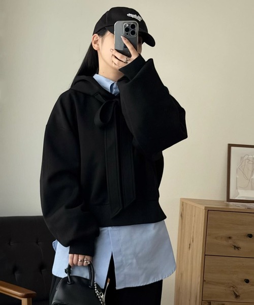 KOBE LETTUCE（コウベレタス）の「ダイバービッグリボンフーディトップス（スウェット・レディース・ブラック/ピンク/グレー・M）」の15枚目の写真