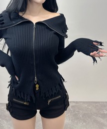ダメージフリンジリブジップカーデイガン