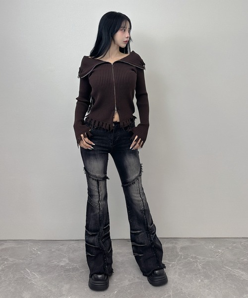 FOLLOWIN(フォロウィン)の「ダメージフリンジリブジップカーデイガン(カーディガン/ボレロ・レディース・ブラック/ブラウン/チャコールグレー・FREE)」の12枚目の写真