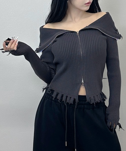 FOLLOWIN(フォロウィン)の「ダメージフリンジリブジップカーデイガン(カーディガン/ボレロ・レディース・ブラック/ブラウン/チャコールグレー・FREE)」の9枚目の写真