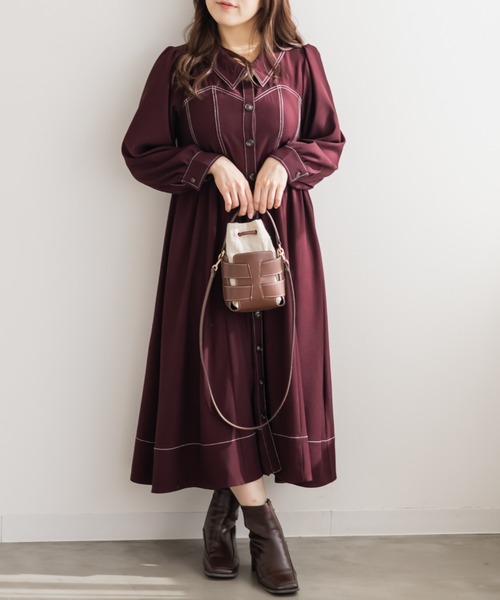 CLETTE(クレット)の「CLETTEオリジナル配色ステッチシャツワンピース(ワンピース・レディース・チャコールグレー/ブラウン/ワイン・4L/3L/LL)」の3枚目の写真