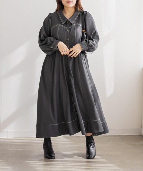 CLETTE(クレット)の「CLETTEオリジナル配色ステッチシャツワンピース(ワンピース・レディース・チャコールグレー/ブラウン/ワイン・4L/3L/LL)」の4枚目の写真