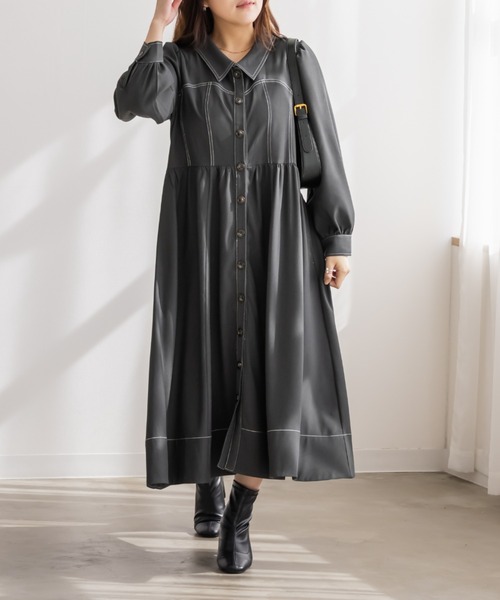 CLETTE(クレット)の「CLETTEオリジナル配色ステッチシャツワンピース(ワンピース・レディース・チャコールグレー/ブラウン/ワイン・4L/3L/LL)」の5枚目の写真