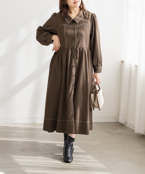 CLETTE(クレット)の「CLETTEオリジナル配色ステッチシャツワンピース(ワンピース・レディース・チャコールグレー/ブラウン/ワイン・4L/3L/LL)」の8枚目の写真