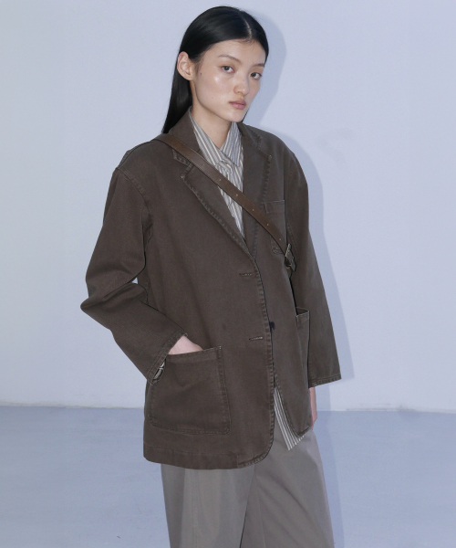 SINGLE BREASTED DENIM BLAZER - BROWN