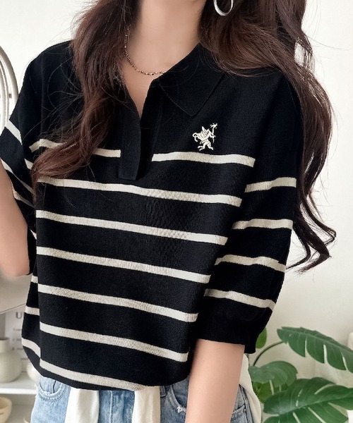 セール】ラフなのにきちんと見え♪胸刺繍ミラノリブスキッパー襟プル