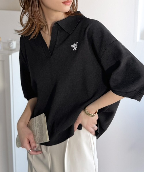 セール】ラフなのにきちんと見え♪胸刺繍ミラノリブスキッパー襟プル