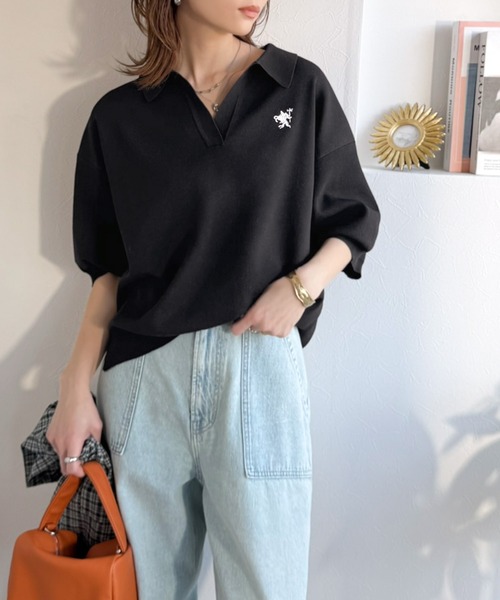 classicalelf(クラシカルエルフ)の「涼しげに整う、ラフ見えきちんと服♪胸刺繍ミラノリブスキッパー襟トップス(半袖)(ポロシャツ・レディース・ブラック/ベージュ/オレンジ系/アイボリー系1/ブラック系1/オフホワイト・X-LARGE/SMALL/MEDIUM/LARGE)」の15枚目の写真