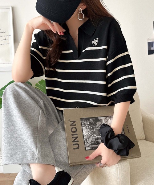 classicalelf(クラシカルエルフ)の「涼しげに整う、ラフ見えきちんと服♪胸刺繍ミラノリブスキッパー襟トップス(半袖)(ポロシャツ・レディース・ブラック/ベージュ/オレンジ系/アイボリー系1/ブラック系1/オフホワイト・X-LARGE/SMALL/MEDIUM/LARGE)」の19枚目の写真