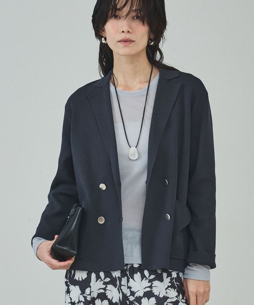 qualite（カリテ）の「ニットテーラードジャケット/オフィスカジュアル/春服（テーラードジャケット・レディース・オフホワイト/チャコールグレー・フリー）」の2枚目の写真