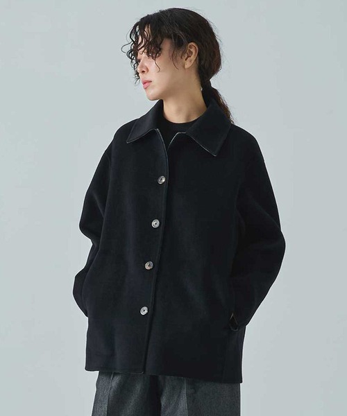 CASHMERE CASHMERE(カシミヤカシミヤ)の「【CASHMERE CASHMERE/カシミヤカシミヤ】CASHMERE/SILK/WOOL SHORT COAT/カシミヤシルクウールショートコート/ステンカラーコート(ステンカラーコート・レディース・ダークネイビー/ブラック・40/44)」の2枚目の写真