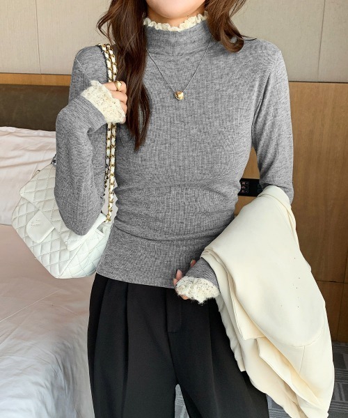 Miniministore(ミニミニストア)の「レースフリル付きハイネックリブニットソー(Tシャツ/カットソー・レディース・アイボリー/ブラック/ブラウン/ダークグレー/グレー・FREE)」の9枚目の写真