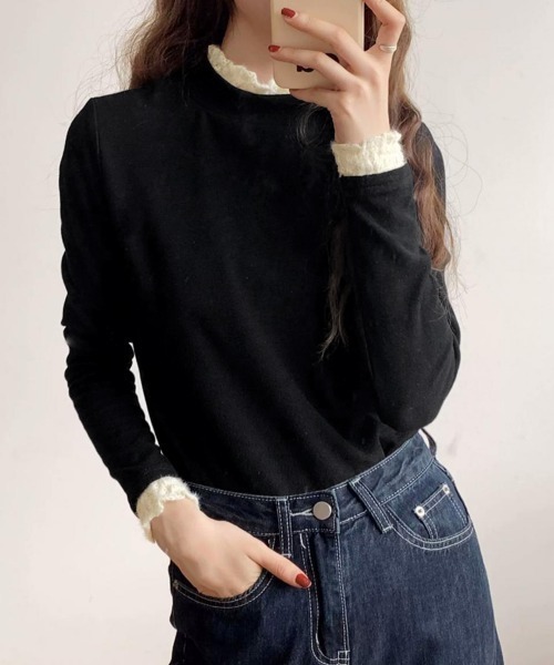 Miniministore(ミニミニストア)の「レースフリル付きハイネックリブニットソー(Tシャツ/カットソー・レディース・アイボリー/ブラック/ブラウン/ダークグレー/グレー・FREE)」の13枚目の写真