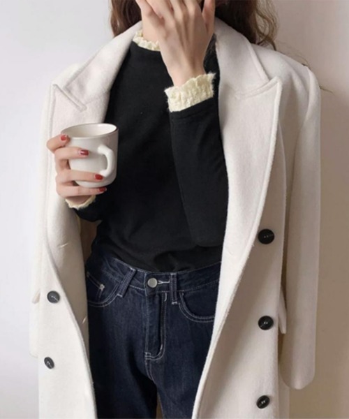 Miniministore(ミニミニストア)の「レースフリル付きハイネックリブニットソー(Tシャツ/カットソー・レディース・アイボリー/ブラック/ブラウン/ダークグレー/グレー・FREE)」の15枚目の写真