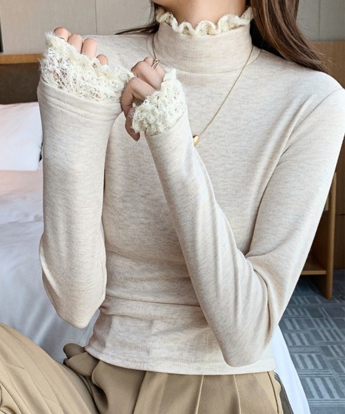 Miniministore(ミニミニストア)の「レースフリル付きハイネックリブニットソー(Tシャツ/カットソー・レディース・アイボリー/ブラック/ブラウン/ダークグレー/グレー・FREE)」の19枚目の写真