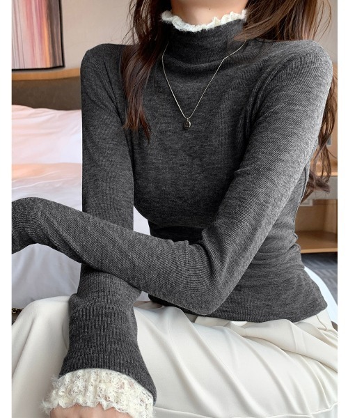 Miniministore(ミニミニストア)の「レースフリル付きハイネックリブニットソー(Tシャツ/カットソー・レディース・アイボリー/ブラック/ブラウン/ダークグレー/グレー・FREE)」の21枚目の写真