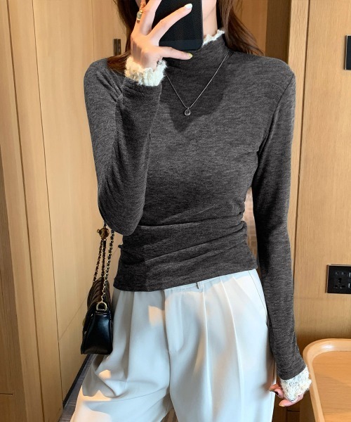 Miniministore(ミニミニストア)の「レースフリル付きハイネックリブニットソー(Tシャツ/カットソー・レディース・アイボリー/ブラック/ブラウン/ダークグレー/グレー・FREE)」の22枚目の写真