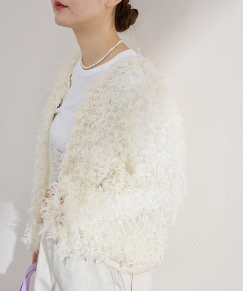 IENA（イエナ）の「《追加》チュールテープ カーディガン（カーディガン/ボレロ・レディース・ホワイト/ブラック・FREE）」の2枚目の写真
