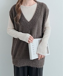 深Vネック シャギー ニット ベスト 重ね着 ゆったり 体型カバー きれいめ ナチュラル