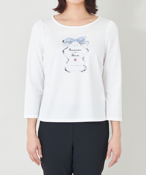 TO BE CHIC(トゥー ビー シック)の「リボンフレームモチーフ カットソー(Tシャツ/カットソー・レディース・オフホワイト/ブラック・40)」の6枚目の写真