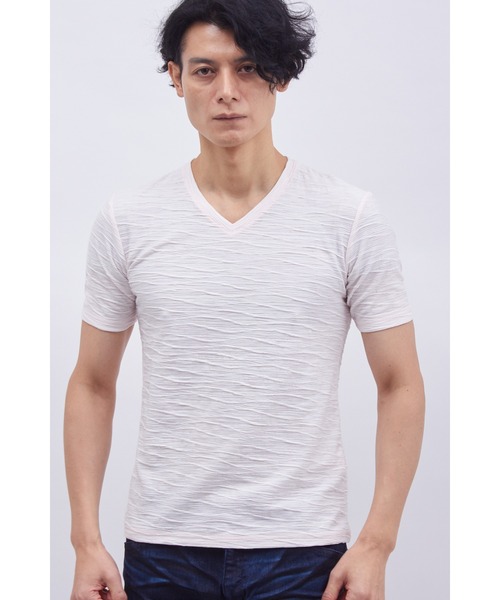 TORNADO MART(トルネードマート)の「TORNADO MART∴ボーダーウェーブジャカード半袖Vネック(Tシャツ/カットソー・メンズ・ライトグレー/ピンク/サックスブルー・L/LL/M)」の3枚目の写真