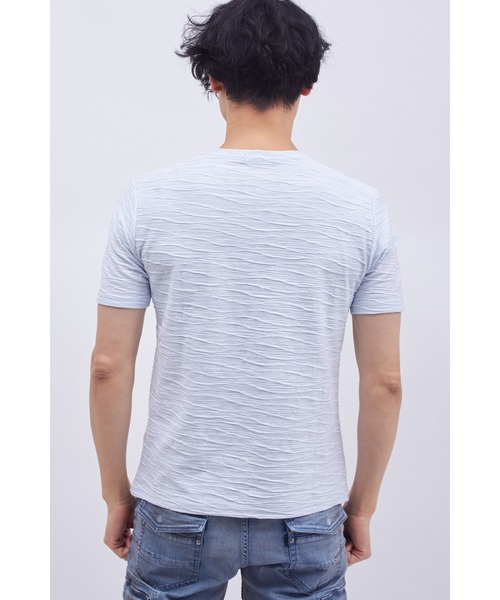 TORNADO MART(トルネードマート)の「TORNADO MART∴ボーダーウェーブジャカード半袖Vネック(Tシャツ/カットソー・メンズ・ライトグレー/ピンク/サックスブルー・L/LL/M)」の12枚目の写真