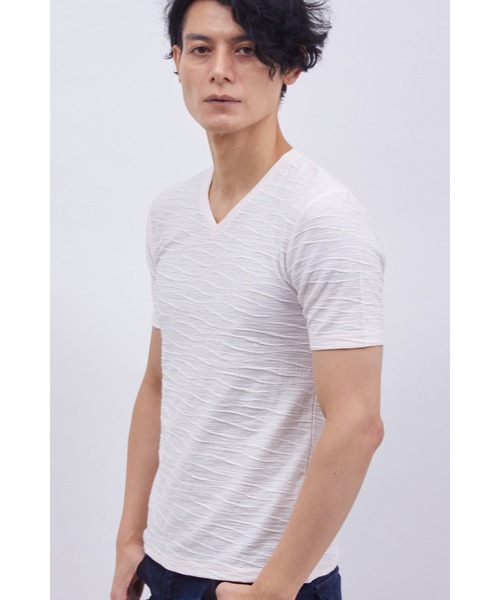 TORNADO MART(トルネードマート)の「TORNADO MART∴ボーダーウェーブジャカード半袖Vネック(Tシャツ/カットソー・メンズ・ライトグレー/ピンク/サックスブルー・L/LL/M)」の16枚目の写真