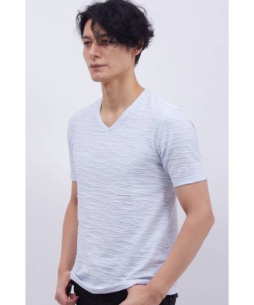 TORNADO MART(トルネードマート)の「TORNADO MART∴ボーダーウェーブジャカード半袖Vネック(Tシャツ/カットソー・メンズ・ライトグレー/ピンク/サックスブルー・L/LL/M)」の5枚目の写真