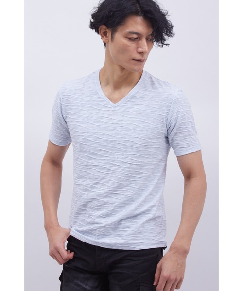 TORNADO MART(トルネードマート)の「TORNADO MART∴ボーダーウェーブジャカード半袖Vネック(Tシャツ/カットソー・メンズ・ライトグレー/ピンク/サックスブルー・L/LL/M)」の6枚目の写真