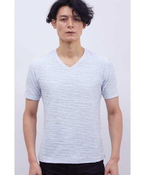 TORNADO MART(トルネードマート)の「TORNADO MART∴ボーダーウェーブジャカード半袖Vネック(Tシャツ/カットソー・メンズ・ライトグレー/ピンク/サックスブルー・L/LL/M)」の7枚目の写真