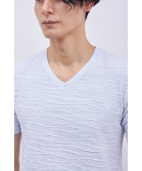TORNADO MART(トルネードマート)の「TORNADO MART∴ボーダーウェーブジャカード半袖Vネック(Tシャツ/カットソー・メンズ・ライトグレー/ピンク/サックスブルー・L/LL/M)」の14枚目の写真