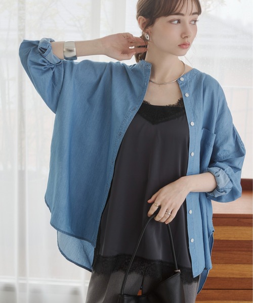 ANGIE(アンジー)の「シアーデニム オーバーサイズ バンドカラーシャツ(シャツ/ブラウス・レディース・ブルー/サックスブルー/ネイビー・FREE)」の18枚目の写真